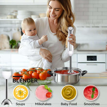 Immersion blender in use above a pot of blended food