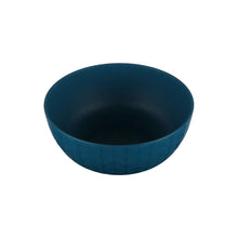 Navy plastic serving bowl with leaf pattern exterior and smooth rim