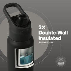 TAL 32oz Stainless Steel Dual Sport Water Bottle with Silicone Straw and Lock Lid, Black