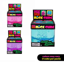 NeeDoh Nice Cube squishy square toys in multiple colors, shown with packaging