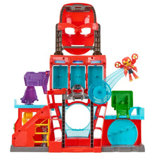 Front view of red Iron Man electronic playset with blue circular door and details