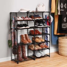 Black 7-tier shoe rack with open wire shelves for multiple pairs of shoes and boots.