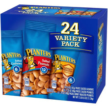 24-count nut variety pack box with salted cashews, salted peanuts, and honey roasted peanuts