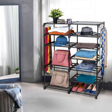 Black shoe rack with seven wire shelves and side hanging storage for bags and shoes.