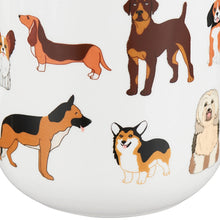 White dog mug close-up with brown and black dog illustrations