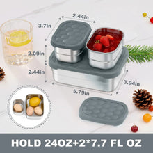 Stainless steel bento lunch container set with grey silicone lids and multiple compartments