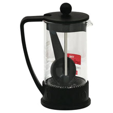 French press coffee maker with black lid, glass walls, and plunger assembly