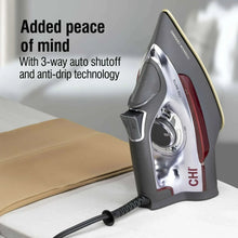CHI iron upright with clear water tank window and gray body with red panel