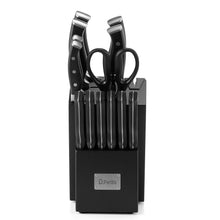 Kitchen knife set in a black storage block with multiple knives and shears