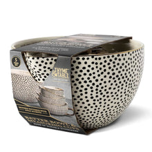 Ceramic bowl set with black dot pattern, shown in retail box