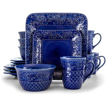 Blue patterned square plates and handle mugs in a dinnerware set