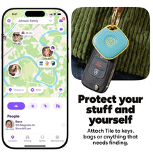 Aqua blue Bluetooth tracker tile with keyring loop, shown with smartphone