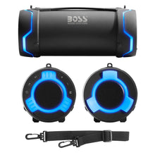 Portable waterproof Bluetooth speaker shown with control dial, two speaker faces, and strap