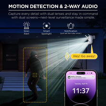 White outdoor security camera with two antennas and a smartphone showing alerts