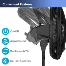 Black oscillating pedestal fan head with tilt-back and speed control knob