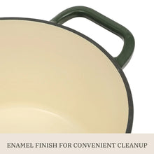 Enamel cast iron Dutch oven rim and green handle loop