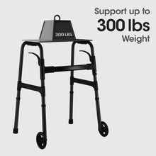 Black folding walker with wheels and support sign, front casters visible