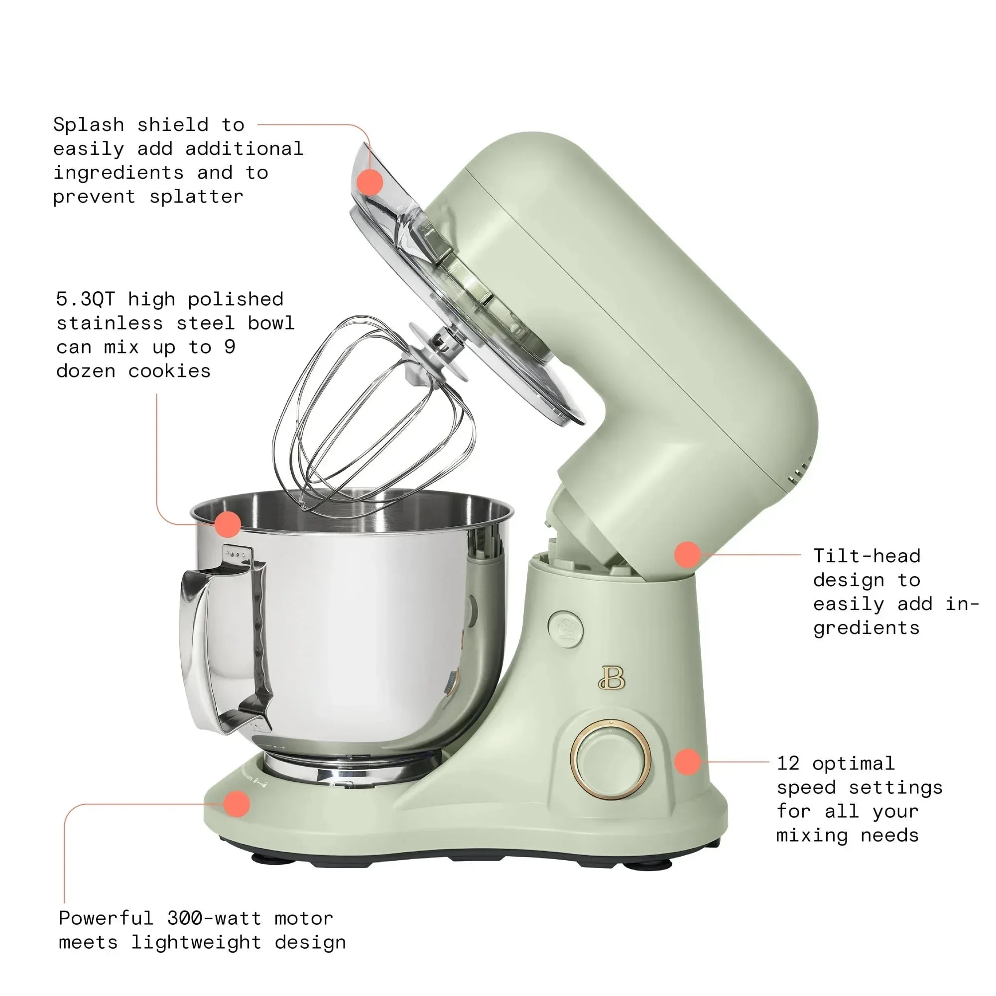 Beautiful 5.3 Qt Stand Mixer, Black Sesame with Flat Beater, Dough Hook, Balloon Whisk