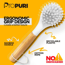 Dish brush with bamboo handle, white bristle head, and cotton rope grip