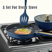 Blue nonstick frying skillet with long handle on a gas burner