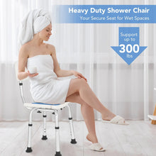 Heavy-duty shower chair with backrest, blue padded seat, and four adjustable legs