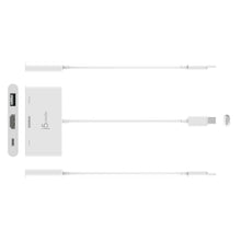 White USB-C hub with visible USB-A and HDMI ports along connected cables