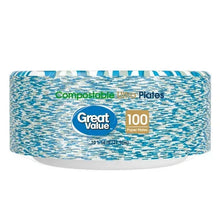 Stack of compostable 10 in paper plates with blue speckled pattern, 100 count