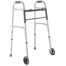 Lightweight folding walker, silver steel frame with four gray wheels
