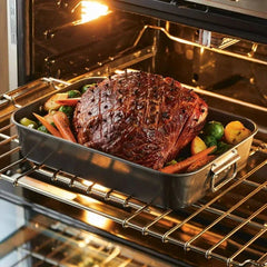 Farberware Bakeware Roasting Pan with Removable Flat Rack - 10.5x15 Inches, Dishwasher Safe, Oven-Safe to 450°F, Non-Stick Finish, Gray