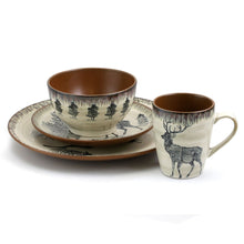 Stoneware bowl and plate set with elk and pine motif plus matching taupe mug