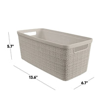 Beige narrow storage basket, open top with woven texture; 13.6 x 6.7 x 5.7 in