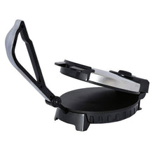 Electric tortilla press with open stainless steel cooking plates and black hinge handle