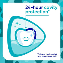 Kids toothpaste 24-hour cavity protection graphic with tooth icon