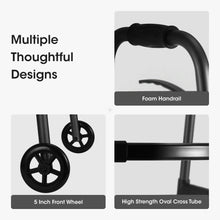Black foam handrail and front wheels on folding walker, view of cross tube