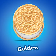 Golden OREO sandwich cookie with embossed OREO logo on round golden halves