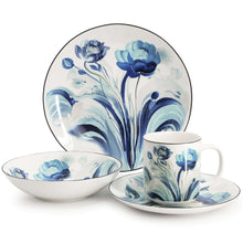 Blue floral porcelain dinnerware set with large plate, bowl, and mug with peony motif