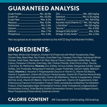 Blue Next Level guaranteed analysis and ingredients panel for dog food