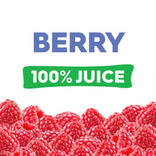 Berry 100% juice label with raspberries and bold text