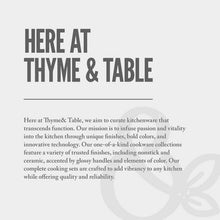 Card with 'HERE AT THYME & TABLE' headline and paragraph text