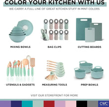 Kitchen product lineup featuring mint mixing bowls, bag clips, cutting boards