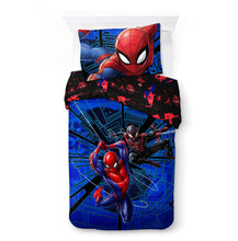 Reversible Spider-Man comforter set showing blue front with Spider-Man and black red reverse
