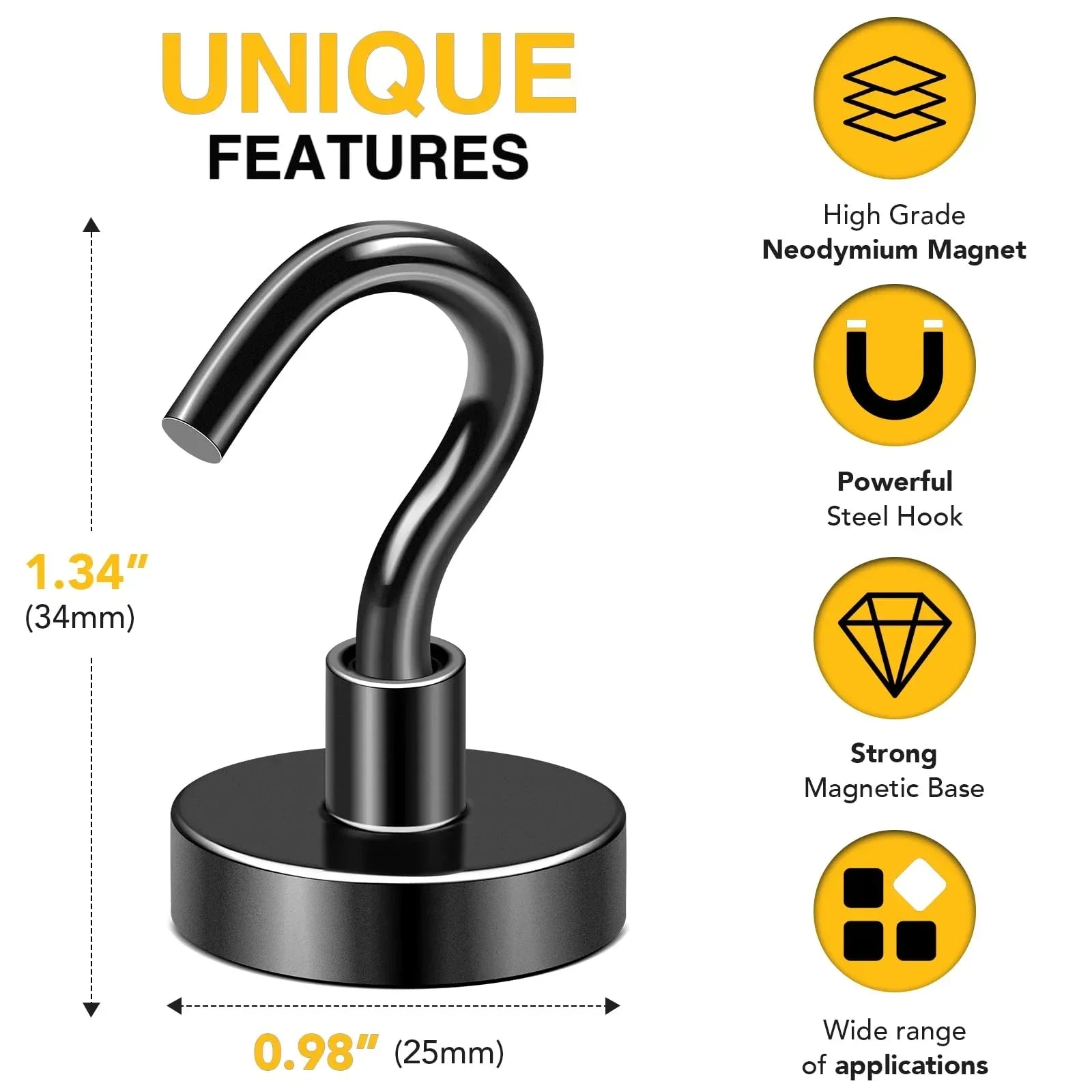 DIYMAG 10 Pcs Magnetic Hooks, 80Lbs Heavy Duty Rare Earth Neodymium Magnetic Hanger for Hardware Tools, Garage, Office, Kitchen (Black)