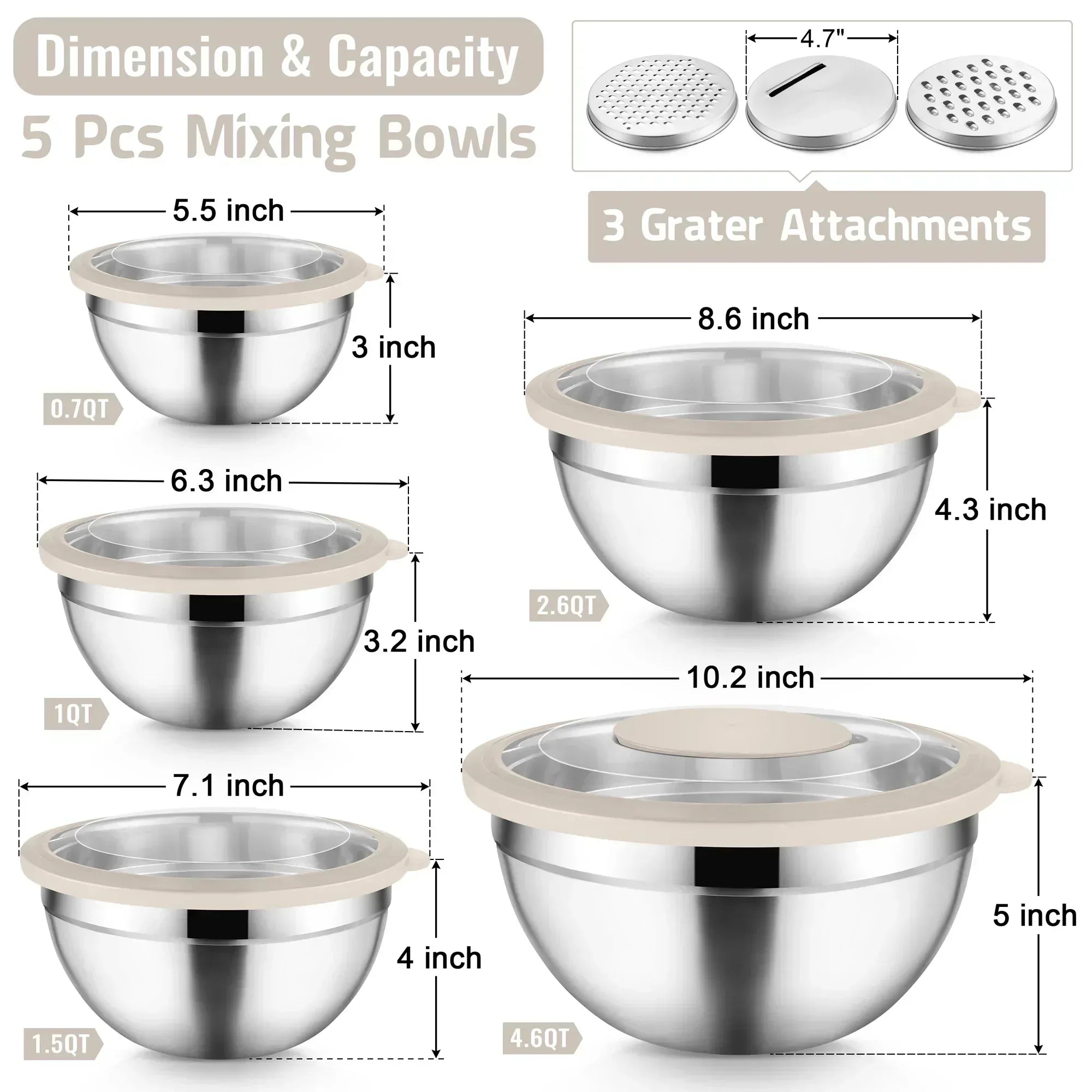 Vesteel Mixing Bowls with Lids Set of 8, Stainless Steel Prep Bowls with Upgraded Airtight Visible Lid, Metal Nesting Bowl Attach with 3 Graters for Kitchen Grating/ Shredding / Mixing - USA MEGA SHOP