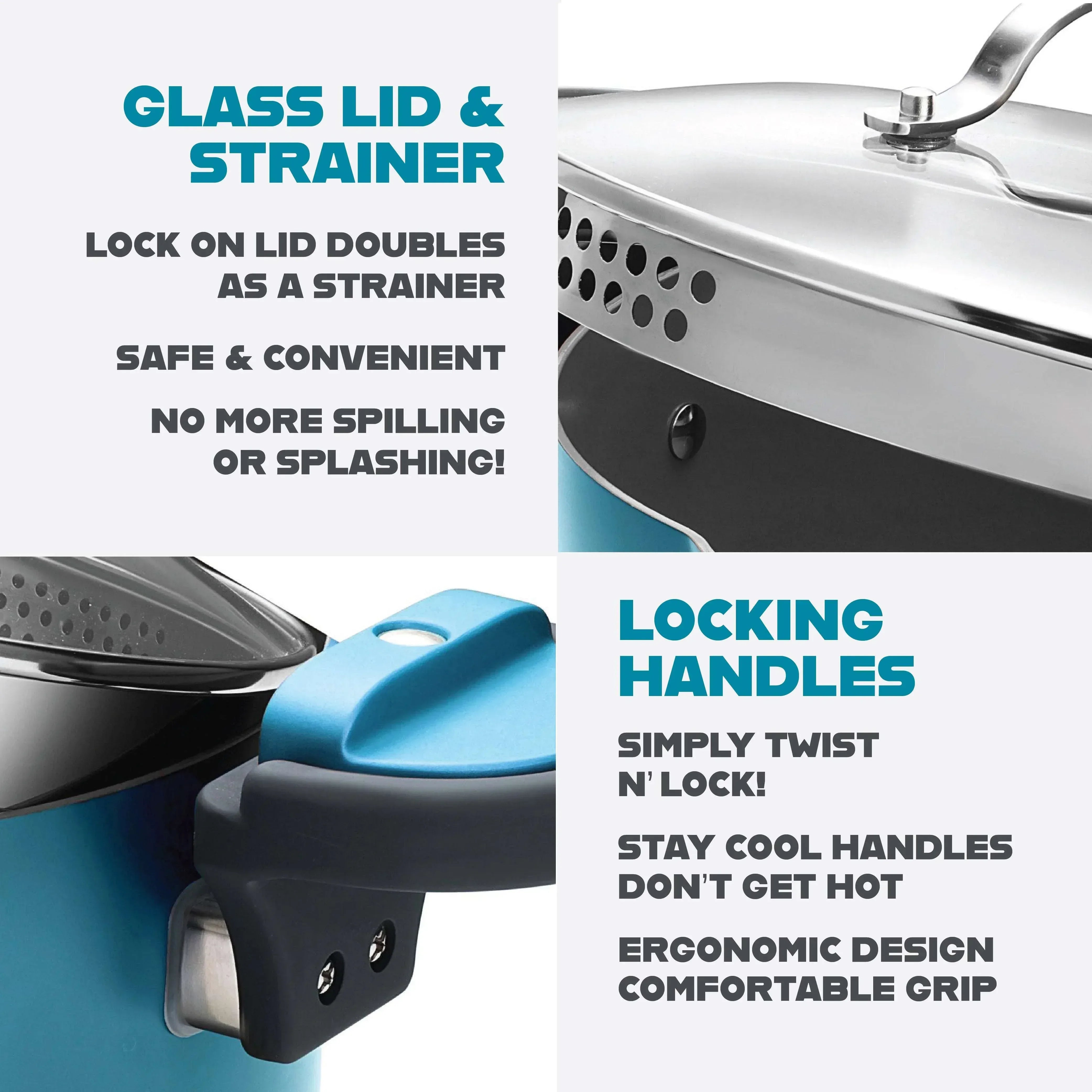 Gotham Steel 5 Qt Nonstick Pasta Pot with Strainer Lid & Twist and Lock Handles, Multipurpose Stock Pot, Dishwasher Safe, Aqua Blue