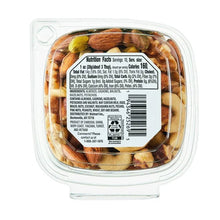 Raw mixed nuts container nutrition facts panel on label