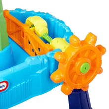 Orange ship-wheel water feature on a blue kids water table toy with steps