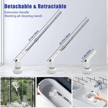 Cordless electric spin scrubber with detachable extension handle in three reach lengths