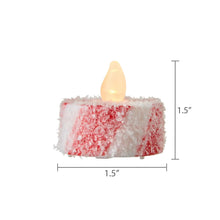 Red-and-white candy striped flameless tealight with glowing LED flame, 1.5 in