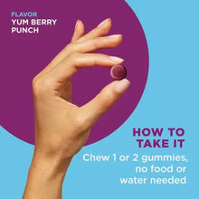 Yum berry punch gummy flavor graphic with chew 1 or 2 gummies instruction