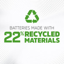 Recycled materials label showing 22% recycled material emblem for AA rechargeable batteries